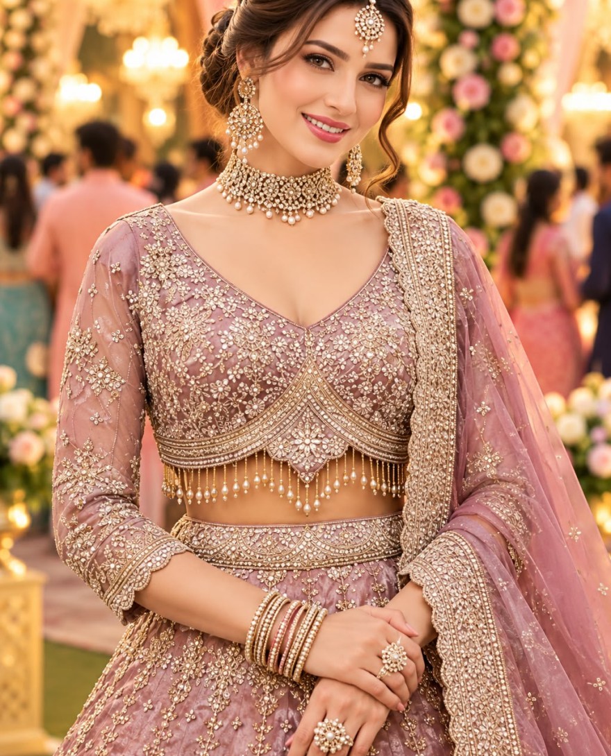 1220 - Pink Fancy Fabric Beads, Embroidered and Zari Work Readymade Lehenga Choli